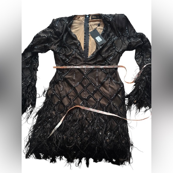 **Brand New ** Amber Deep V Embellished Feather Trim Mini Dress - Black - Picture 14 of 14